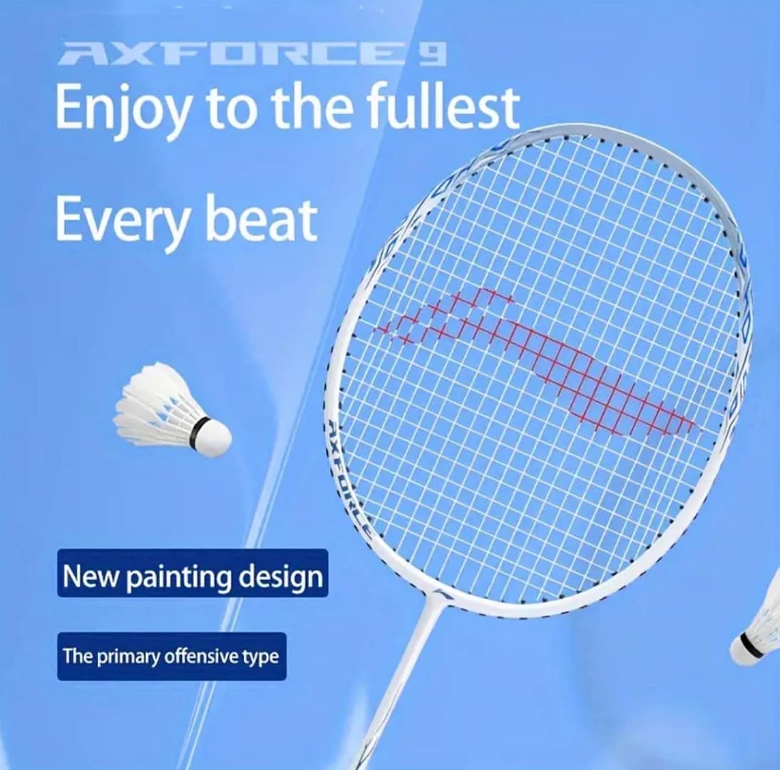 Li-Ning AXForce 9 Badminton Racquet – Carbon Fibre – 85g+ (Pearl White Cyanine Blue) 2 Cyanine Blue Racquet racket badminton OSC
